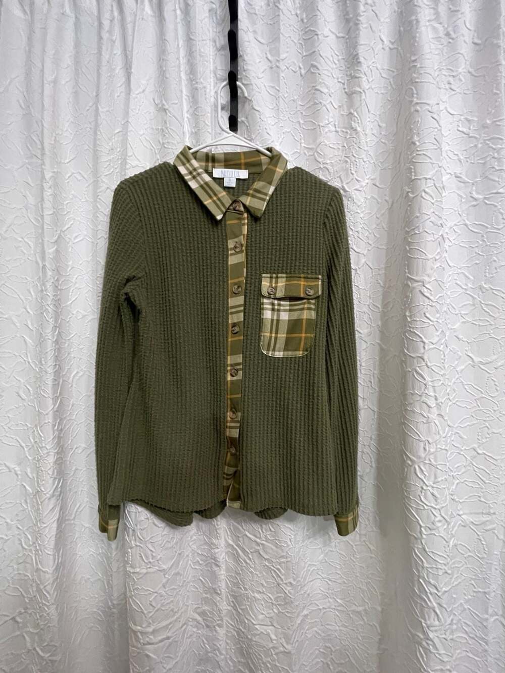 Bunulu Thermal Button-Up Shirt Size S Green Plaid Waffle Knit Long Sleeve Top
